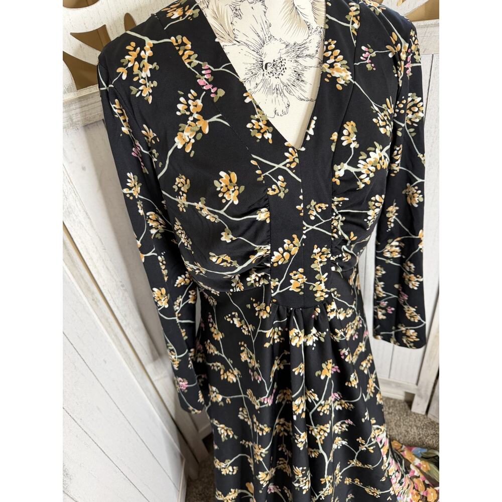 Vintage Floral Maxi Dress Black Cottage Core 70s 80s Long Sleeve Size Large - Picture 2 of 7